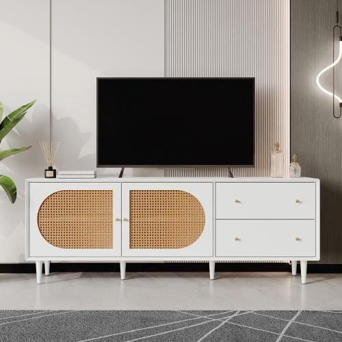 meuble tv, design rotin, espace de rangement, bois massif, meuble de rangement, meuble d'appoint, blanc