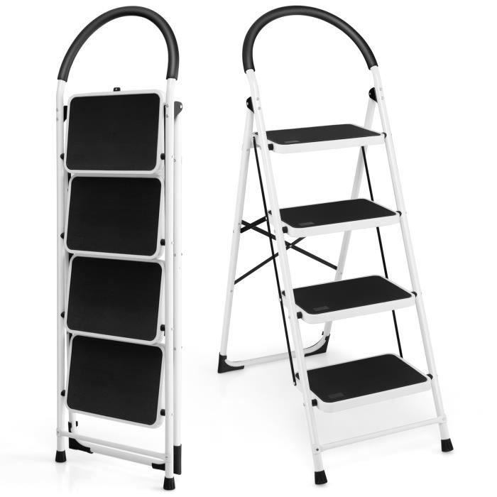 COSTWAY Escabeau 4 Marches Pliant Capacité 150KG Echelle Marchepied Antidérapant avec Barre Transversale Renforcée Poignée Pratique