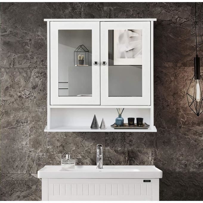 GIANTEX Armoire Miroir Murale de Salle de Bain avec 2 Portes et 3 Étagères Armoire de Toillette SuspenduBlancL56 x P13 x H58CM