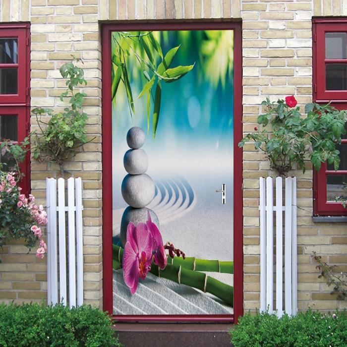 Poster de porte VERS LA TERRASSE escalier en trompe l'oeil 85 x 205 cm - Sticker préencollé