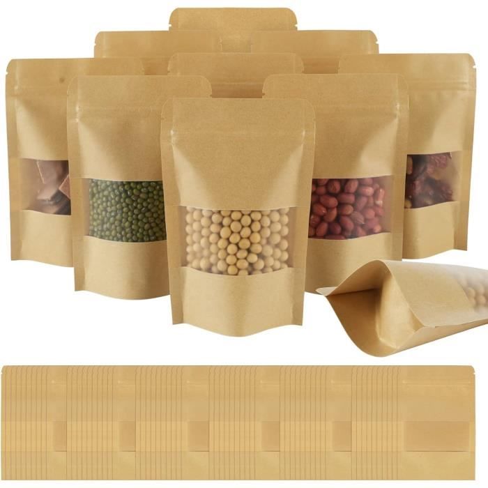 100 Sachets Kraft Alimentaire Avec Zip - Fenêtre Transparente Et étanchéité Optimale