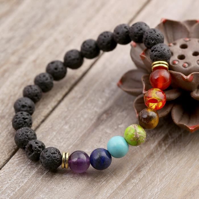 Bracelet Chakra Homme/femme En Pierre Volcanique Naturelle - Longueur 18 Cm élastique - Porte-bonheur, Diffuseur D'huiles Essentielles - 8