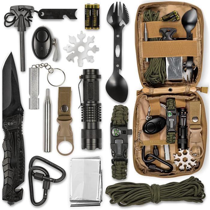 Kit de Survie Militaire Complet 18en1 Trousse Tactique avec Accessoires  Multifonctions Lampe Torche - Couteau - Couverture et [130] - Cdiscount  Sport