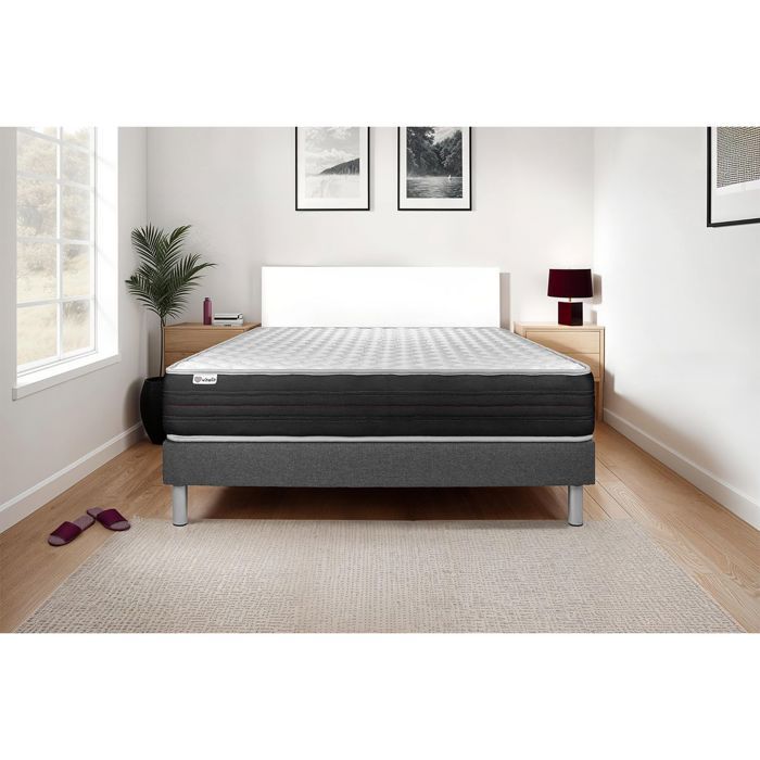 Ensemble Matelas Sommier 140x190 cm - Sommier Gris (en kit) - Vitalmemo One Gris