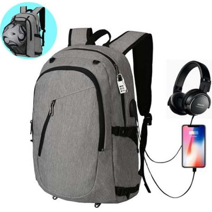 Sac à Dos Ordinateur Portable, 17,3 Pouces Étanche Sac à Bandoulière avec  Chargeur USB et Port de Casque, pour Affaires/Voyage, Gris Noir - Cdiscount  Bagagerie - Maroquinerie