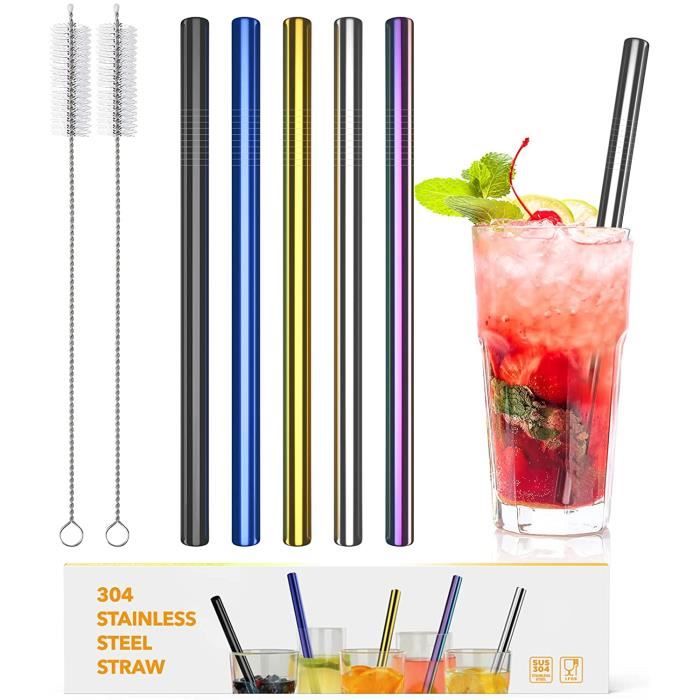 5pcs Paille Inox Bubble tea Paille Metal Réutilisable en 304 Acier Inoxydable 12mm Large