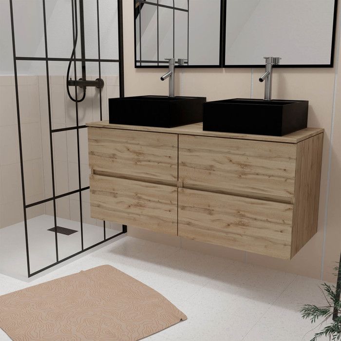 Meuble Salle de Bains 120cm 4 Tiroirs Chêne Naturel - 2 Vasques Carrées 41x41x15cm Noires