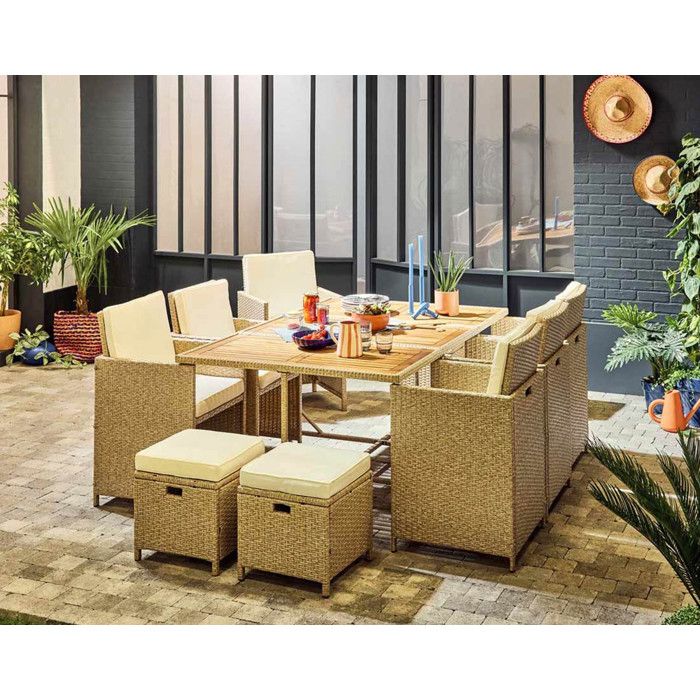 Cuba – salon de jardin encastrable en résine tressé beige - 10 places - coussins beige + housse de protection - Beige Cuba – salon de jardin encastrable en résine tressé beige - 10 places - coussins beige + housse de protection - Beige