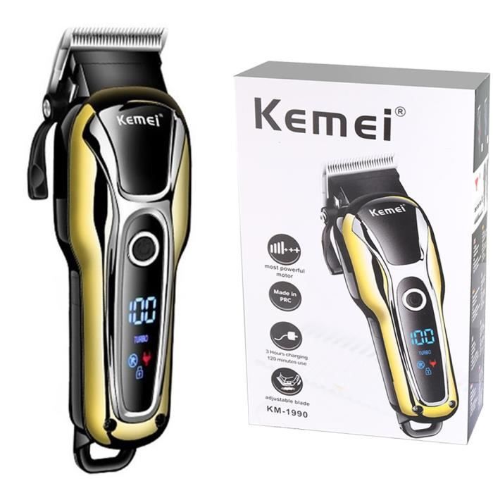 Km-1990-with box Kemei — Tondeuse rechargeable 100-240 V, rasoir électrique pour barbe et cheveux à usage pro