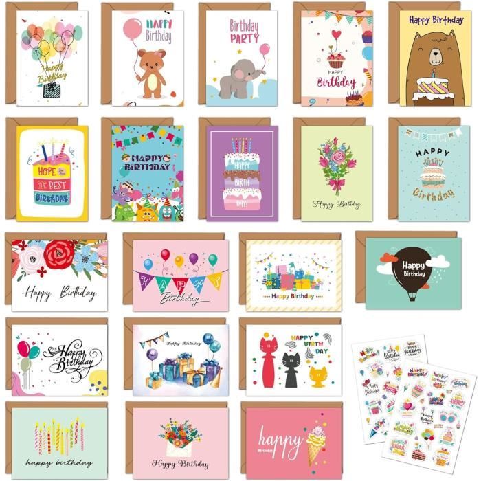 Pack De 20 Cartes D'anniversaire Avec Enveloppes Kraft Et Autocollants - Cartes De Vœux Pliées Pour Homme, Femme, Fille - Idées Cadeaux Personnalisées
