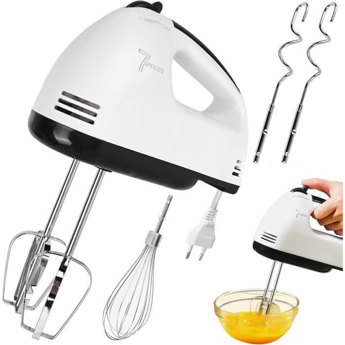 Batteur électrique à Main 7 Vitesses - Avec 2 Fouets Et 2 Crochets Pétrisseurs En Inox - 8