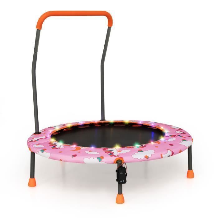 Trampoline pour Enfants Ø92CM COSTWAY-21 Lumières LED Colorées-Poignée Amovible-Tapis de Saut Rond-3 Ans-Intérieur Extérieur-Licorne