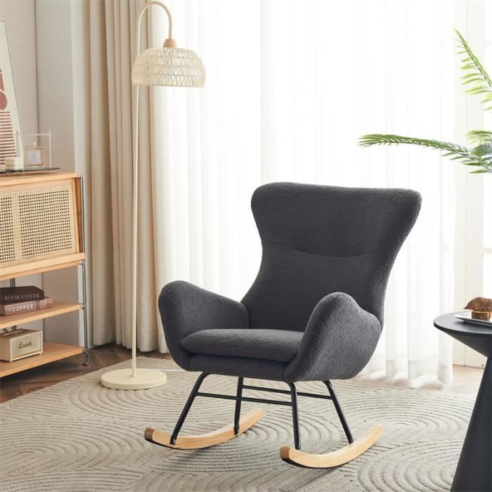 fauteuil à bascule en velours teddy, rocking chair avec haut dossier, fauteuil allaitement, pieds en bois massif, 68x96x90cm gris