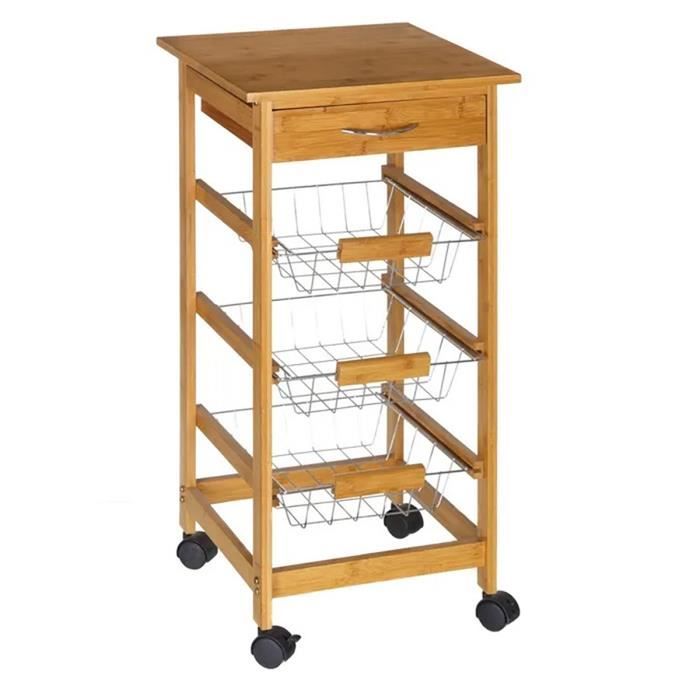 Chariot de cuisine - JUANIO - desserte 37x37x77 cm - Bambou - 1 tiroir & 3 paniers - Roulettes