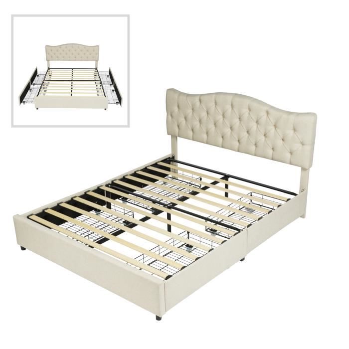 meubles cosy lit coffre avec tête de lit et tiroirs,sommier à lattes en bois,métal structure,pieds en