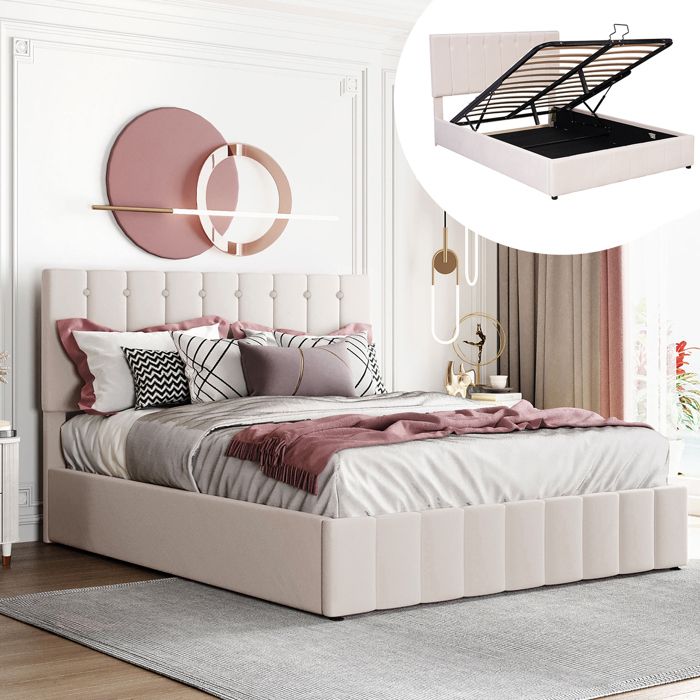 ModernLuxe Lit coffre adulte 140x200cm lit double contemporain en velours avec sommier + espace de rangement beige