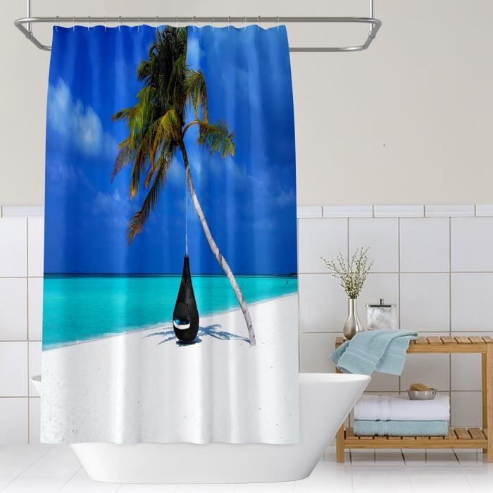 Rideau De Douche Imperméable Polyester Avec Motif Chat Et Plantes - 180x180 Cm, 12 œillets, Livré Avec Crochets