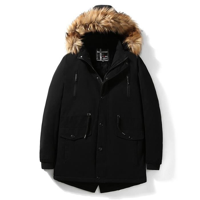 Parka homme de Marque plus de velours Parka à poches multiples Parka homme  Fourrure à Capuche mi-longue,Noir