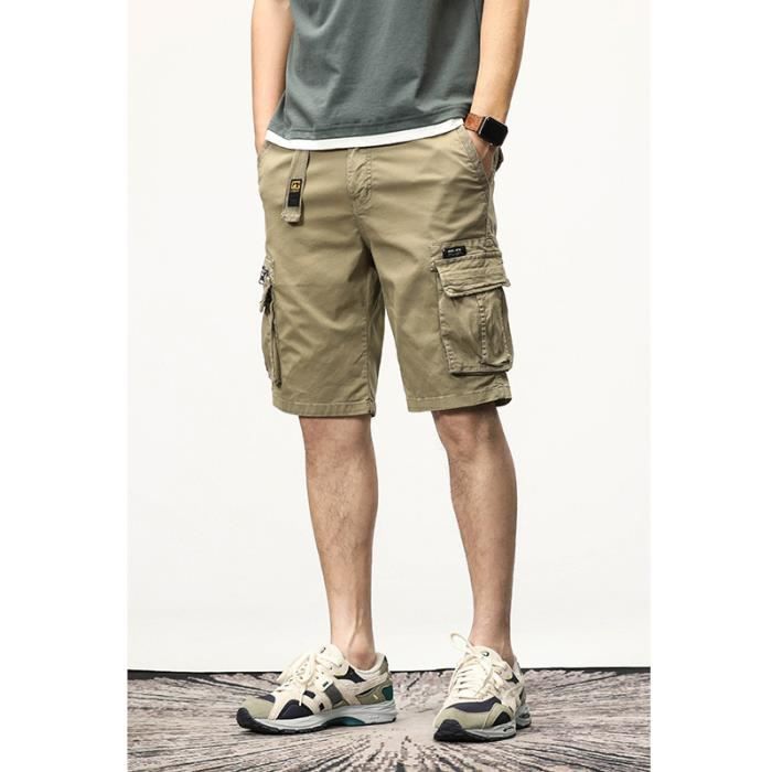 Bermuda Homme Cargo en coton Coupe droite Taille standard élastiqué Casual Multipoches Couleur unie