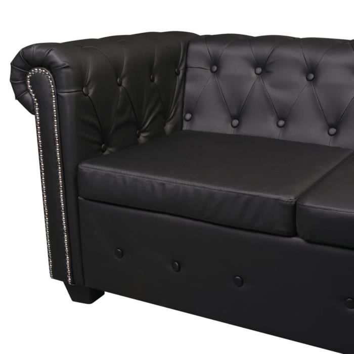 Canapé d'angle 6 places Noir Cuir Luxe Chesterfield Confort