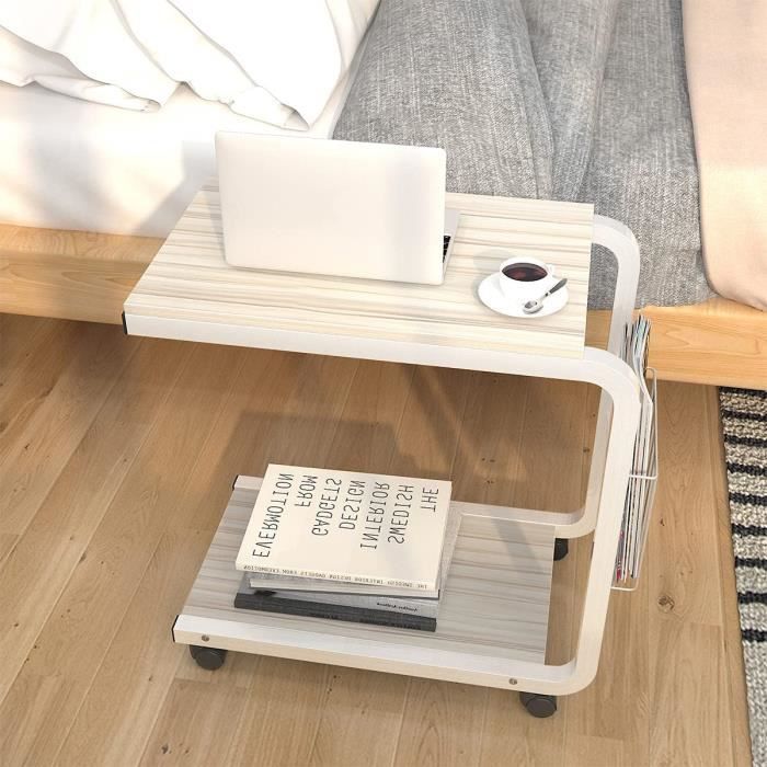 SogesHome-Table d'appoint Bout de Canapé Petite Table Basse à roulette En Forme de U-Portable pour la lecture-petit déjeuner-Érable