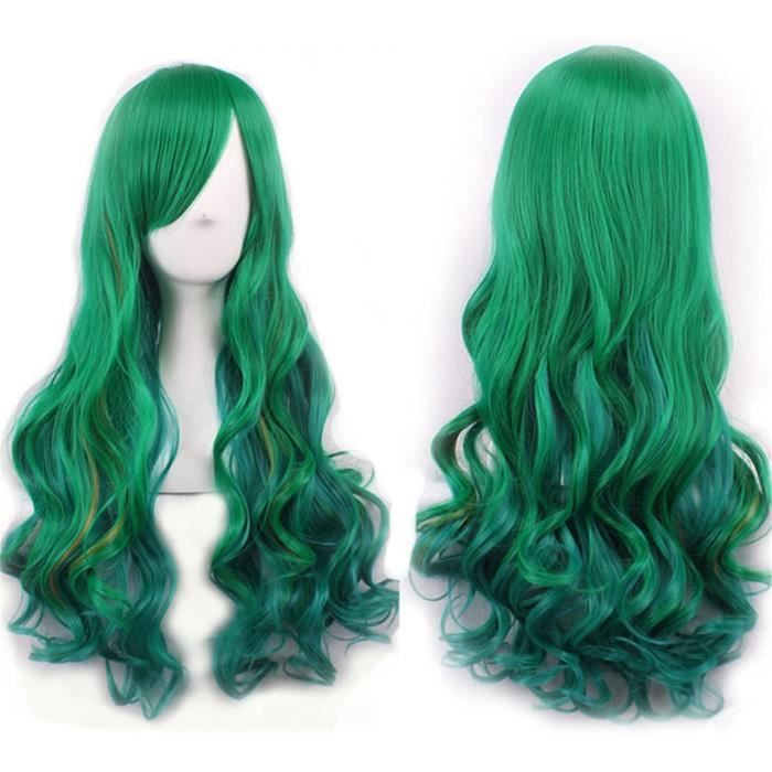 Long Cheveux Bouclés Ondulés Bleu Perruque Femme Côté Naturel Cosplay Perruque En Fibre Synthétique Résistant à La Chaleur Perruque De Remplacement