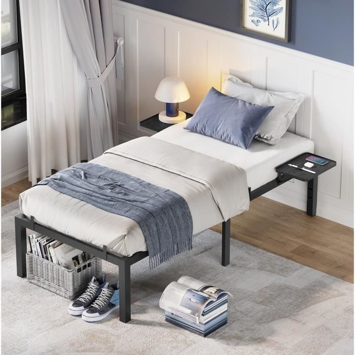 structure de lit, pour 1 personne, cadre de lit en métal avec étagères de rangement, adapté pour matelas 90 x 190 cm, noir classique