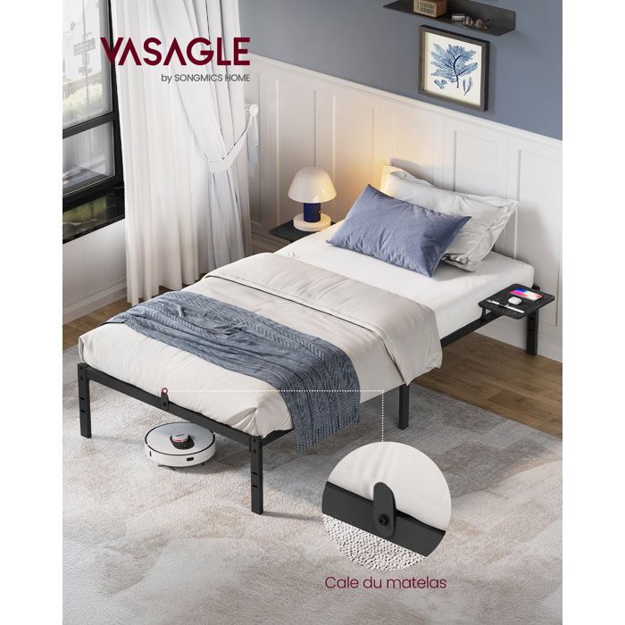 VASAGLE Cadre de Lit 90 x 190 avec Sommier Métal Cadre en Métal avec Étagères de Rangement Tête de Lit Montage Facile Noir
