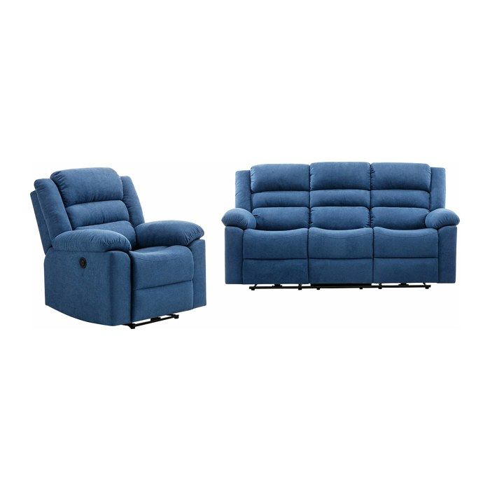 Canapé 3 places et fauteuil relax électrique en tissu bleu BUROLO