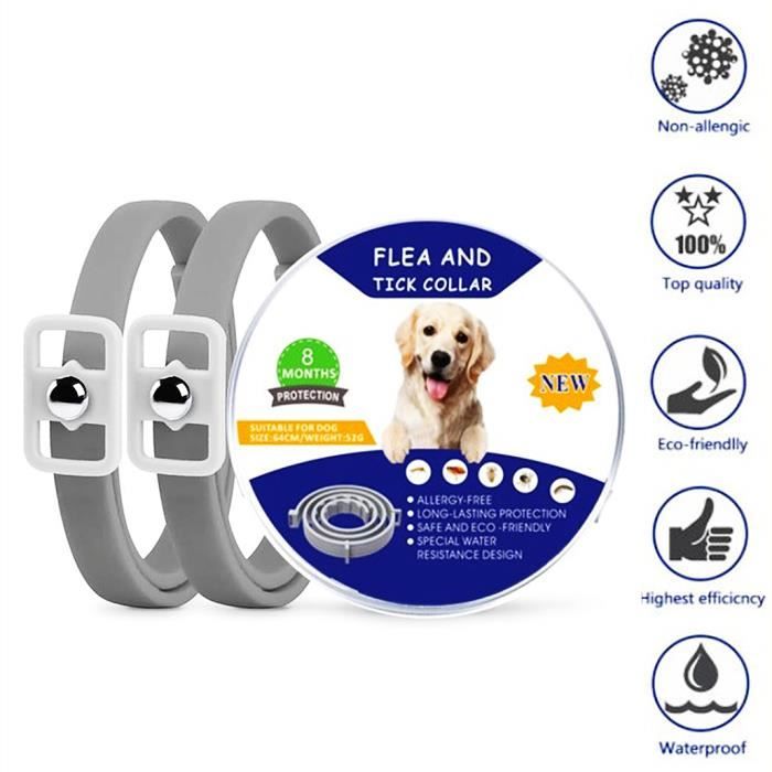 Comparer les prix de Collier Anti Puces pour Chien, Réglable Résistant à leau Collier Chien Anti Puces et Tiques,8 Mois Naturel gris-2 pièces