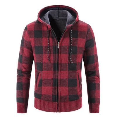 Pull Gaufré Homme Avec Col Et Boutons - Sweat à Capuche Jacquard Imprimé Carreaux - Chaud Et Coupe-vent Pour L'hiver