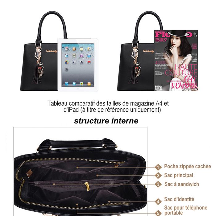 Sac à Main POTRI Noir éco-cuir - Taille Moyenne, Bandoulière Détachable, Créateur, Neuf Avec étiquettes