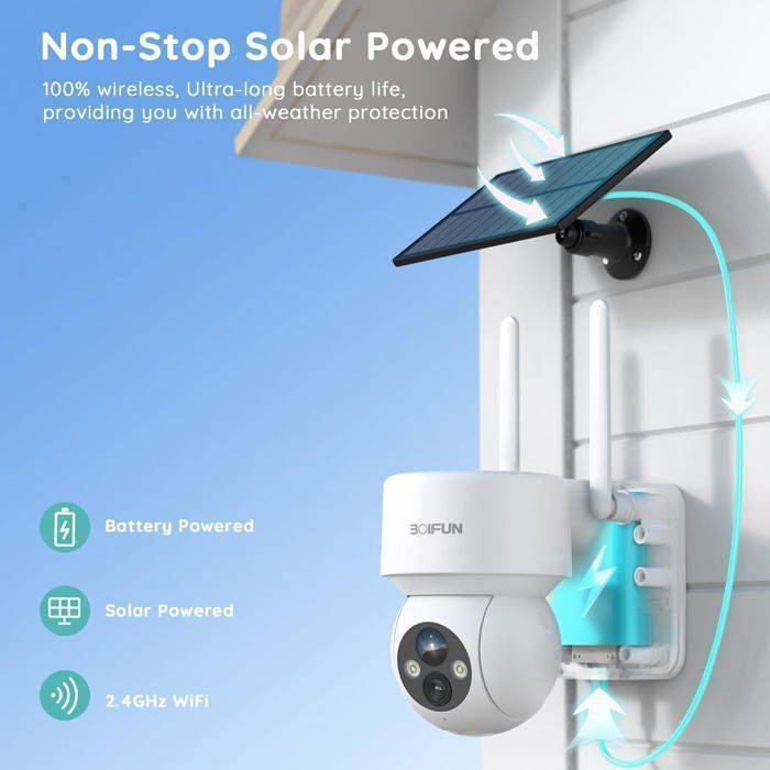 Caméra Surveillance Solaire Extérieure – 2K, WiFi, 360° PTZ, Détection PIR, Vision Nocturne Couleur