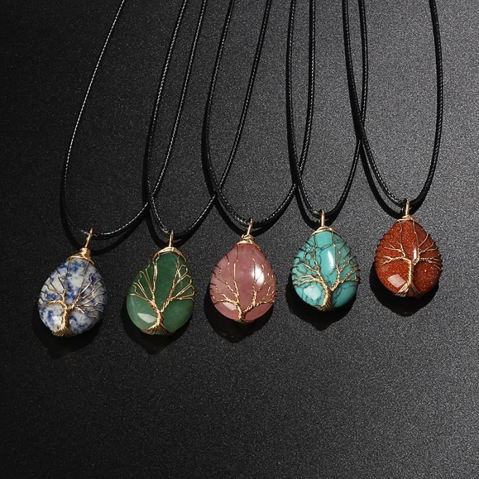 Pendentif Goutte Arbre De Vie En Quartz Rose - Collier Femme 41-45 Cm - Acier Inoxydable - Fait Main