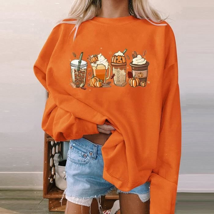 SWEATSHIRT Sweat Femme Oversized Vintage Casual Sweat shirt Mode Halloween Imprime Neck Lache Col Rond Pull Assortis Orange Orange Cdiscount Pret a Porter