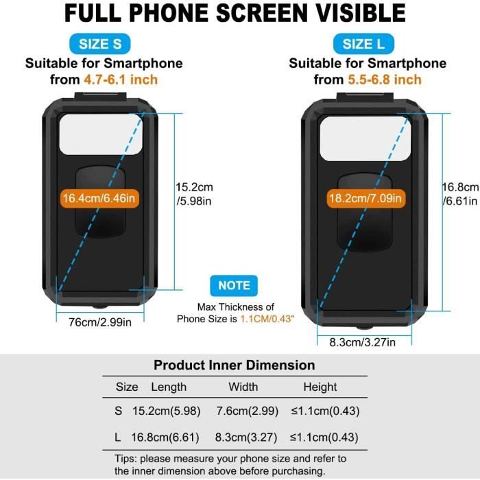 HNOOM Support Téléphone Vélo Etanche Universel Support Telephone Moto  360°Rotation Anti-Vibrations Support Smartphone Velo avec Écran Tactile pour  5,5-6,8 Pouces Smartphones (L, Noir) : : High-Tech