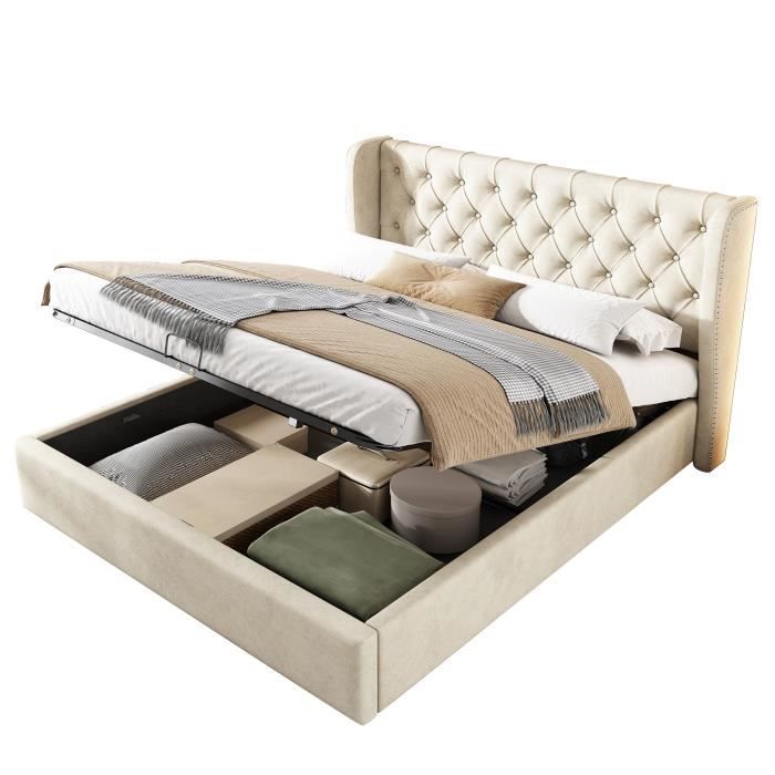 Lit coffre 180 x 200 cm avec rangement - tissu en lin - ouverture