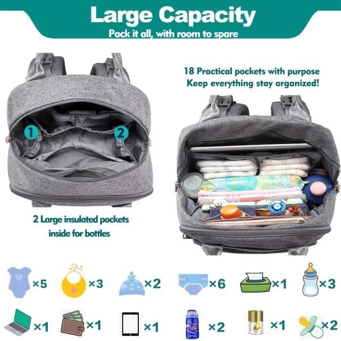 Sac à Dos à Langer Avec Matelas à Langer Pour Bébé – Grande Capacité Sac à Couches Multifonction Imperméable-gris Clair - Puériculture & Eveil Bébé