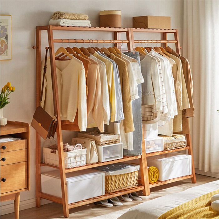 Unho Portant à Vêtement Bambou 2 Étagères - Penderie Ouverte Solide Design Naturel Chambre Entrée