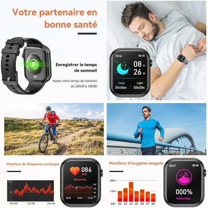 Montre Connectée Étanche IP67 avec Caméra intégrée, Appels Bluetooth,  Cardio et Tracker d'Activités - Noir - Français