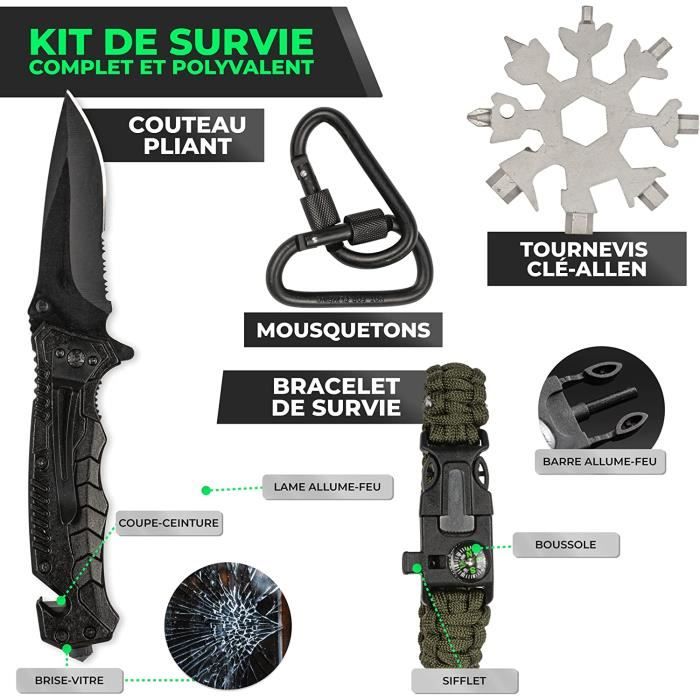 Kit de Survie Complet + Filtre à Eau – idéal pour Couple-kit Survie de  randonnée – Lampe Torche/Couteau/Couverture et Sifflet de Survie – pour  Camping Randonnée Pêche et Chasse : : Sports