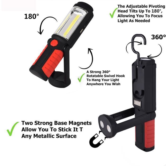 Mini Lampe De Travail Magnétique COB Rechargeable (LED, Porte-clés, Lampe Torche, Noir)