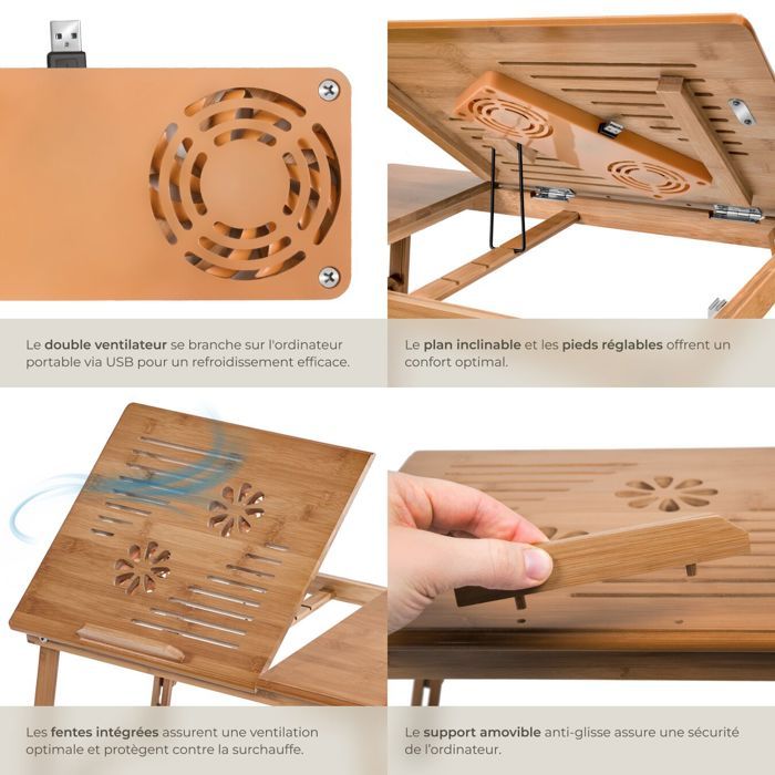 Table De Lit Pliable Avec Ports USB - Bureau Portable | Tiroir Porte-gobelet Support Tablette