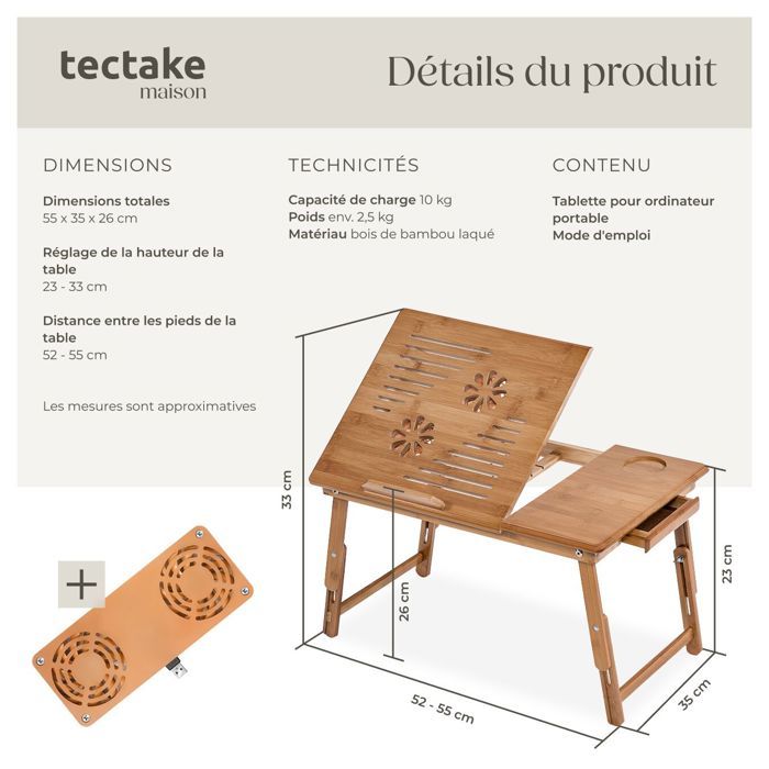 Table De Lit Pliable Pour Ordinateur Portable - Plateau 52.5x30 Cm, Pieds En Acier, Idéale Pour Canapé Et Lit