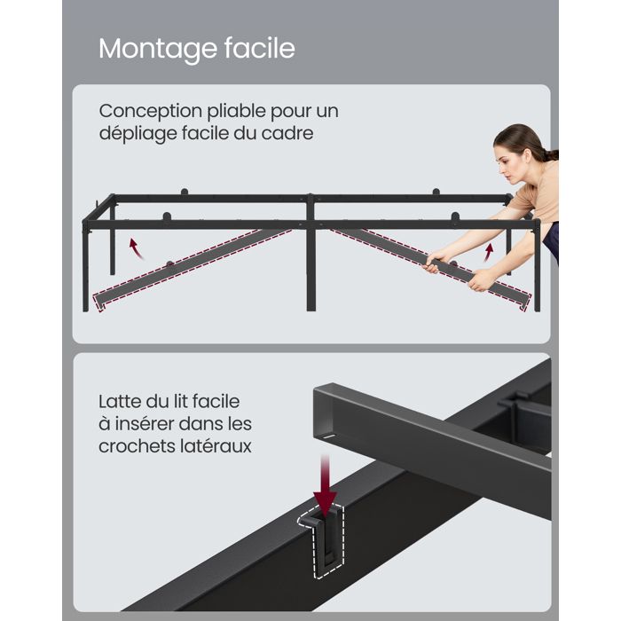 Novilla Cadre Lit Métal 160x190 Cm - Sommier Plateforme 30 Cm Haut Avec Tête De Lit, Rangement Sous-lit, Noir