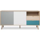 SCRAPCOOKING PARTY Buffet bas - Chêne, gris et bleu pétrole - Scandinave - CUBA - L 150 x P 40 x H 71 cm