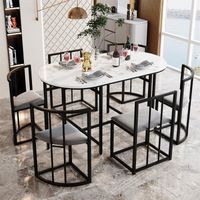 Ensemble de table de salle à manger（140x80cm）et six chaises - Table en MDF blanc, chaises avec dossiers et coussins gris  - noir