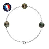 PERLINEA - Bracelet 3 Véritables Perles de Culture de Tahiti Cerclées 9-10 mm - Argent 925 Millièmes - Bijoux Femme