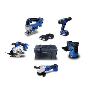 HYUNDAI Pack 5 outils 18V 2 Batteries 1,5Ah et 4Ah (Perceuse Visseuse + Ponceuse Orbitale + Scie circulaire et sauteuse + Meuleuse)