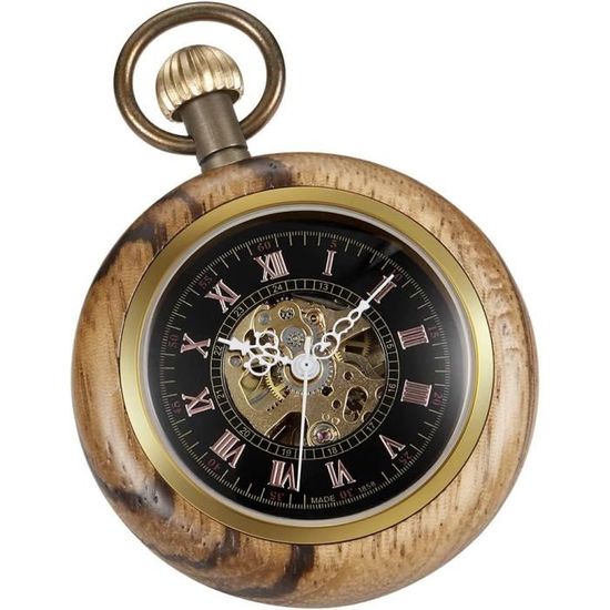 Montre De Poche En Bois Avec Chaîne - Cadran Chiffres Arabes, Mouvement Quartz - Homme/Femme